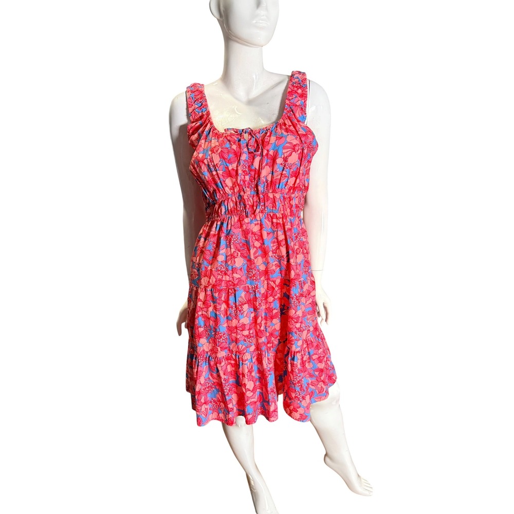 Gap Women XL Red Blue Floral Cotton Cinched Waist Tiered Midi Dress